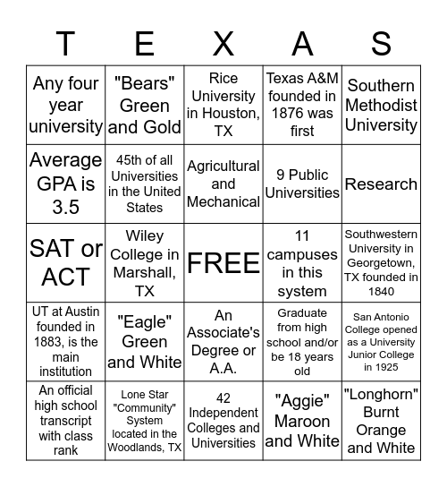 Texas College Systems Bingo Card