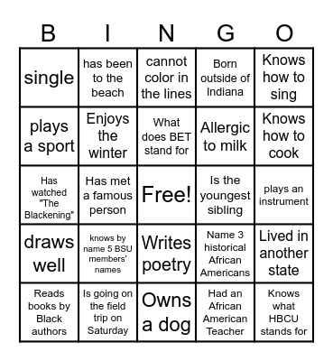 Black Student Union Bingo Card