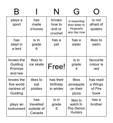Girl Guiding Bingo Card