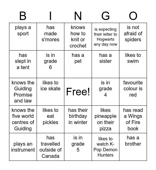 Girl Guiding Bingo Card