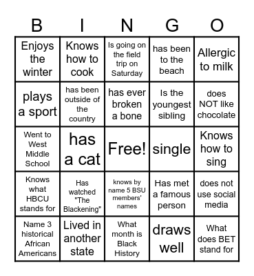 Black Student Union Bingo Card