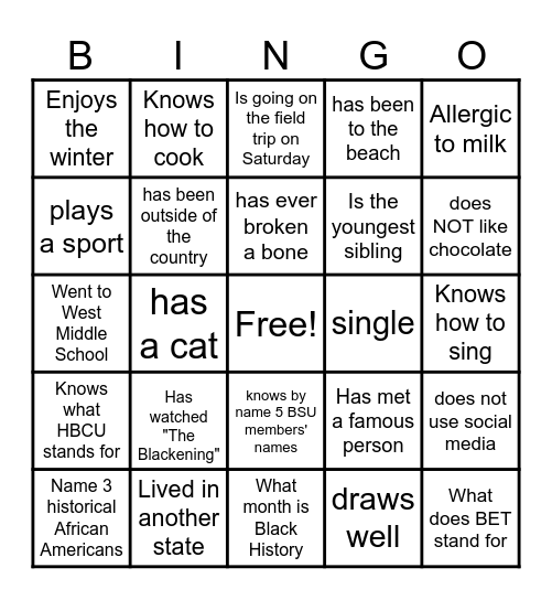 Black Student Union Bingo Card