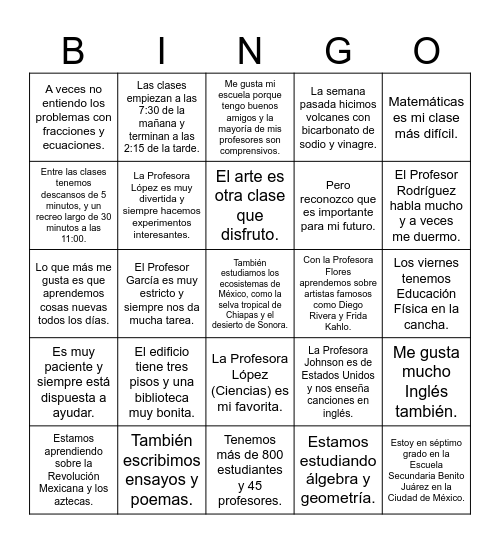 La Escuela y El Horario Lectura Bingo Card
