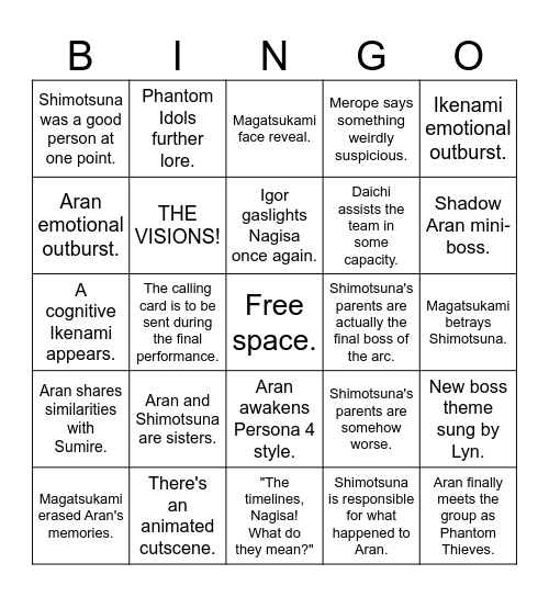 P5X Arc 4; Phase 3 Bingo Card