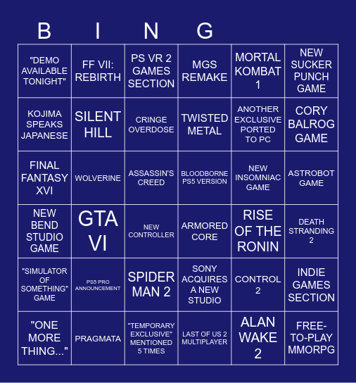 PlayStation State of Play 9/24/25 Bingo Card