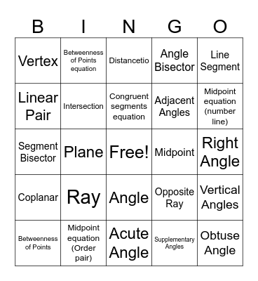 Geometry Unit 1 Vocab Bingo Card