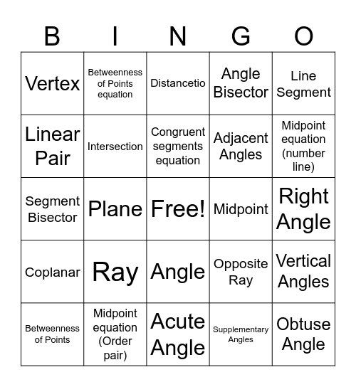 Geometry Unit 1 Vocab Bingo Card