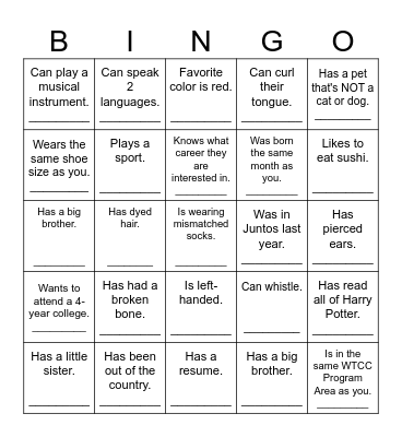 Getting to Know You Bingo Card