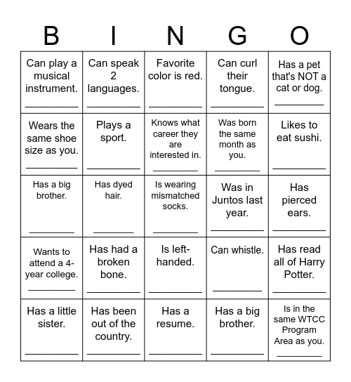 Getting to Know You Bingo Card