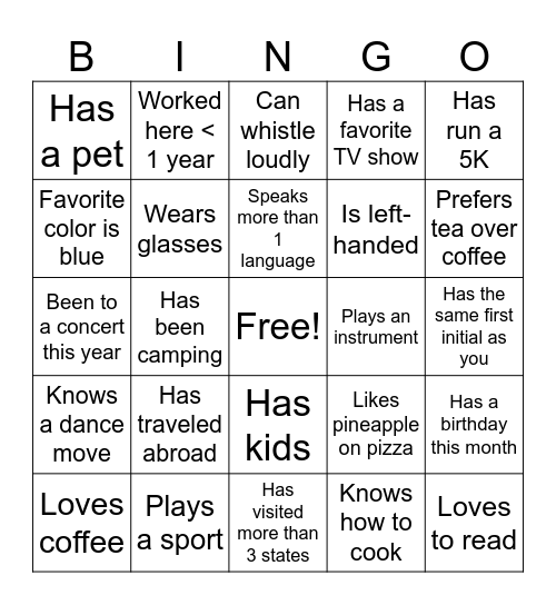 Get to Know You Bingo Card