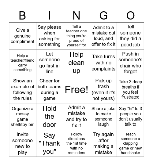 Acts of Kindness Bingo Card