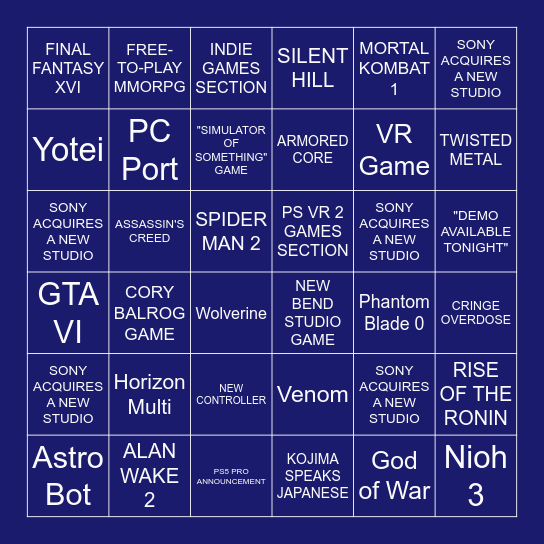 Playstation Showcase Bingo Card