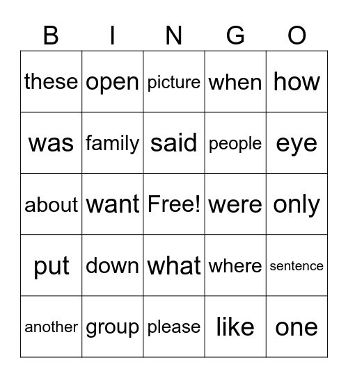4th Grade Bingo Card