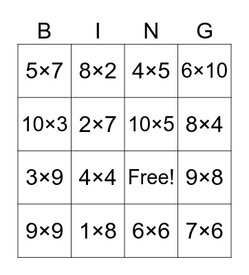 Commutative Property of Multiplication Bingo Card