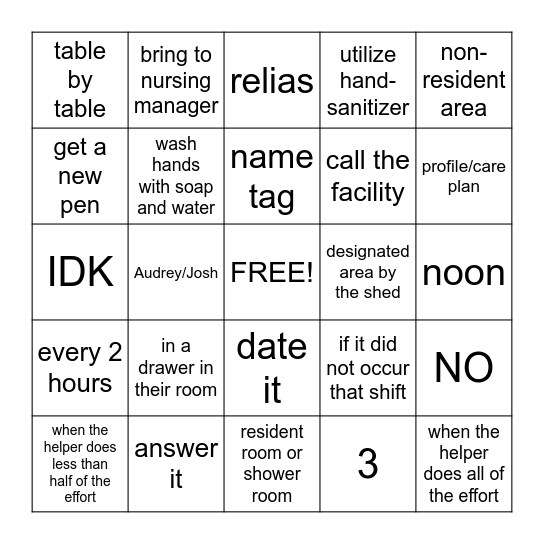 Staff Inservice Meeting Bingo Card