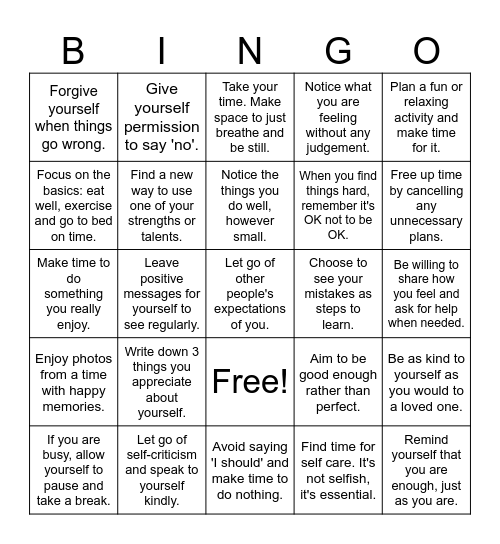 Self-Care Bingo Card