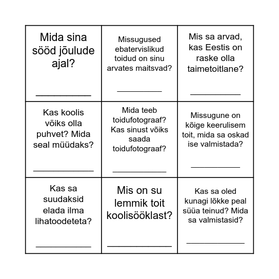 Tervislik toitumine Bingo Card
