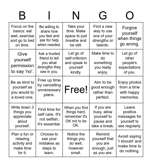 Self-Care BINGO Card
