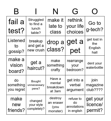 BACK TO SCHOOL!! lets see how your year has started! Bingo Card