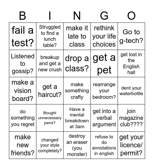 BACK TO SCHOOL!! lets see how your year has started! Bingo Card
