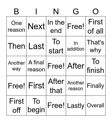 Transition Word Bingo Card