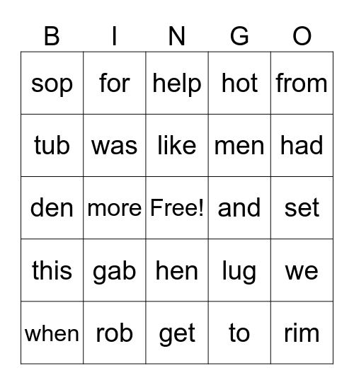 1st Grade Bingo Card