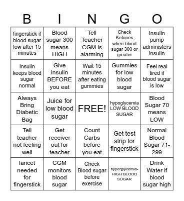 Diabetes Bingo Card