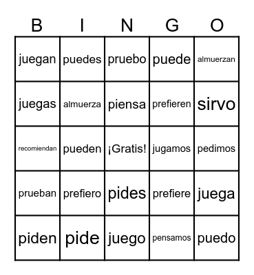 Stem-changing verbs Bingo Card