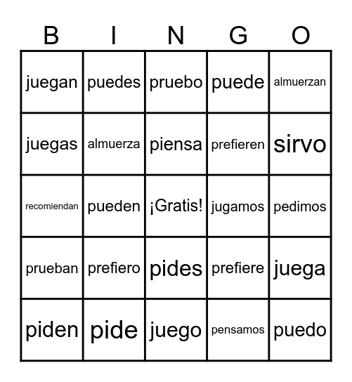 Stem-changing verbs Bingo Card