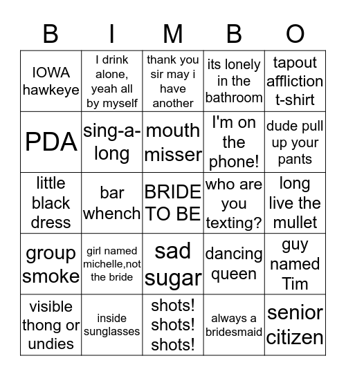 BACHELORETTE BIMBO Bingo Card