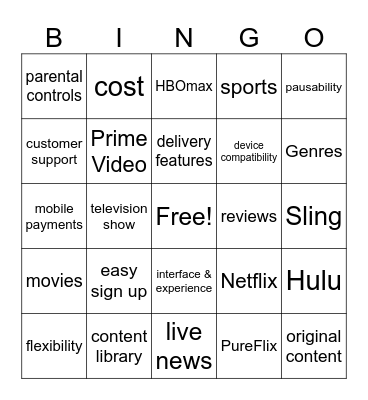 Streaming Services Bingo Card