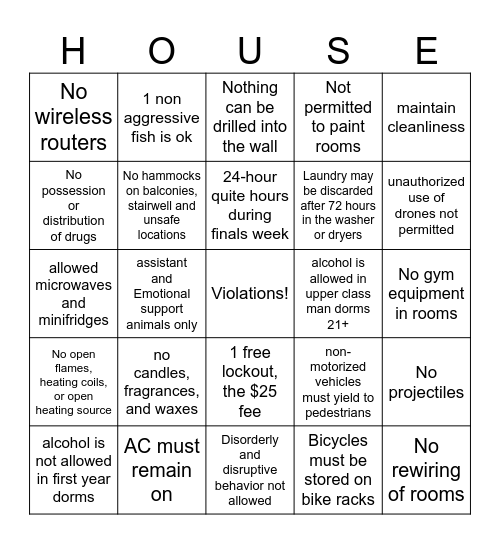Housing Violations Bingo Card