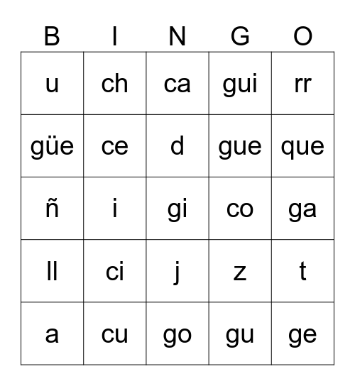 Spanish Sounds Bingo Card