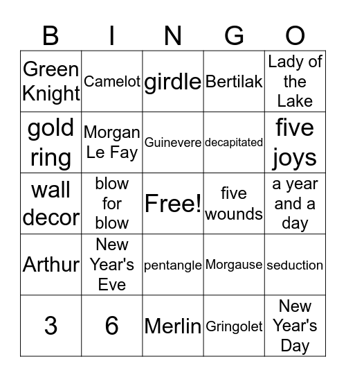 Sir Gawain Bingo Card