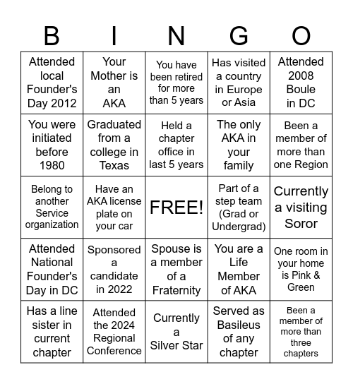 ALPHA KAPPA ALPHA SORORITY Bingo Card