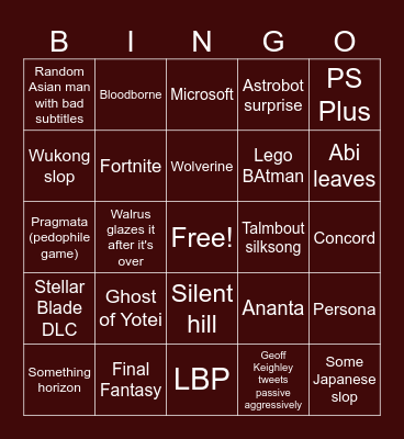 State of Play Bingo Card