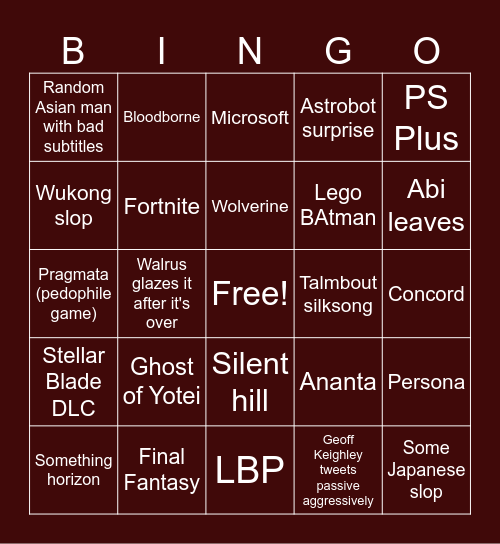State of Play Bingo Card