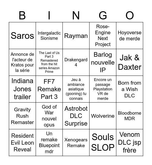 State of Play Bingo Card