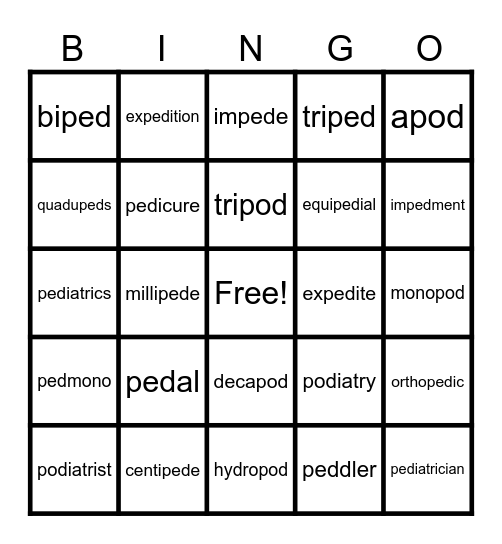 Ped/Pod/Pede Bingo Card