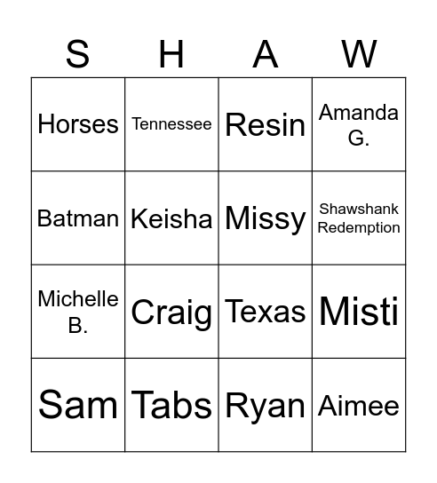Shaw Bing Bingo Card