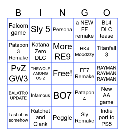 State of Play Bingo Card