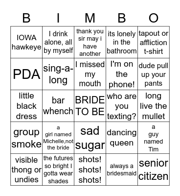 BACHELORETTE BIMBO Bingo Card