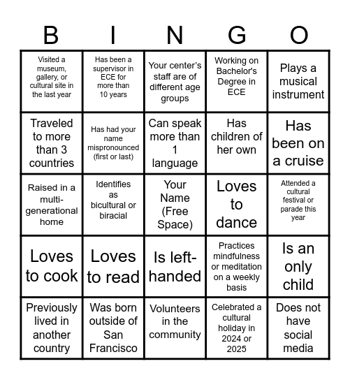 Diversity Bingo Card