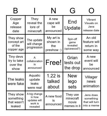 Minecraft Live Bingo Card