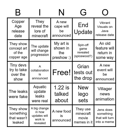 Minecraft Live Bingo Card