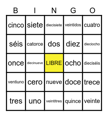 Los Número de 0-20 Bingo Card