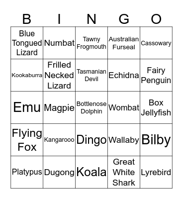 Australian Animal Bingo Card