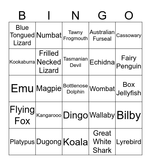 Australian Animal Bingo Card