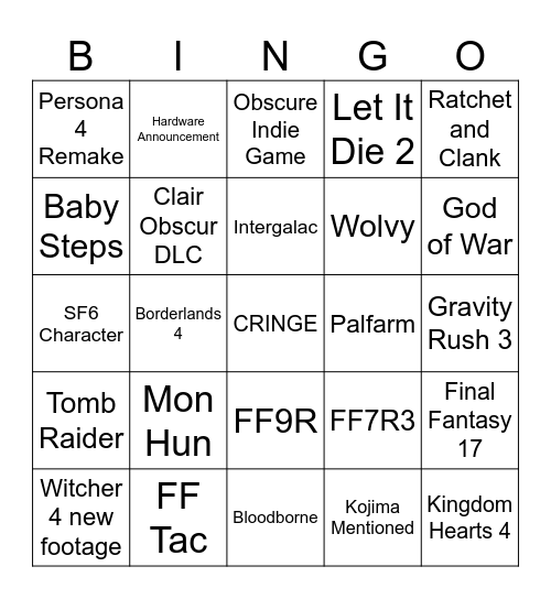 State of Play Bingo Card