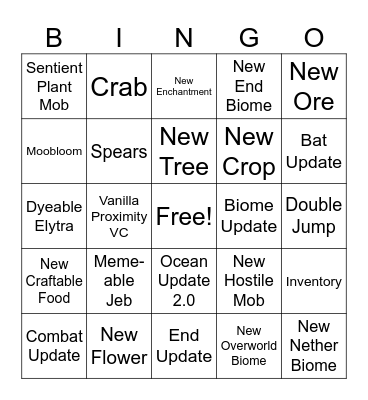 Minecraft Live Bingo Card
